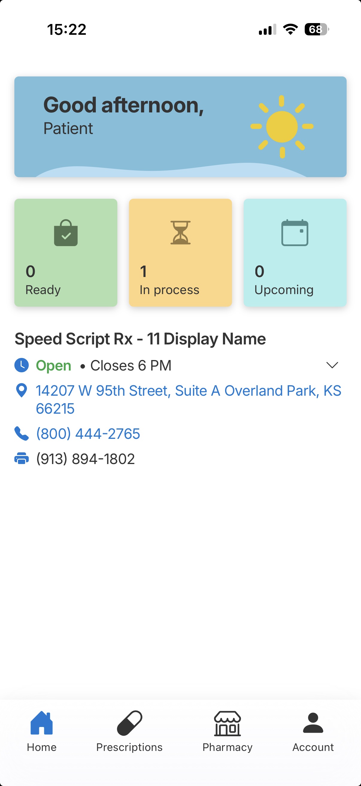 RxCTRL home screen showing prescription status tiles and pharmacy details